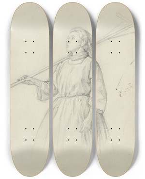 Triptych art skateboard deck of Jakob Becker Aufblickendes Bauernmdchen Mit Geschultertem Rechen by Jakob Becker (1810-1872)