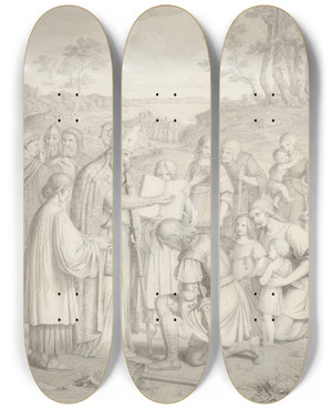 Triptych art skateboard deck of Johan Ludvig Lund De Frste Danskes Kristne Db by Johan Ludvig Lund (1777-1867)