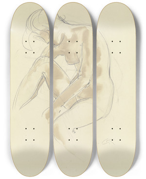 Triptych art skateboard deck of Georg Kolbe Sitzender Weiblicher Akt Der Kopf Dem Angezogenen Rechten Knie Zugeneigt by Georg Kolbe