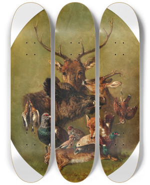 Triptych art skateboard deck of Carl Jutz Hunting Still Life With Stag Wild Boar Fox Hare Sparrowhawk And Pheasant by Carl Jutz (1838-1916)