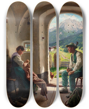 Triptych art skateboard deck of Emil Rau A Conversation by Emil Rau (1858-1937)