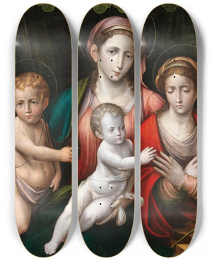Triptych art skateboard deck of Giulio Francia And Workshop The Madonna And Child With The Infant Saint John The Baptist And Saint Catherine Of Alexandria by Giulio Francia And Workshop (1487-1545)