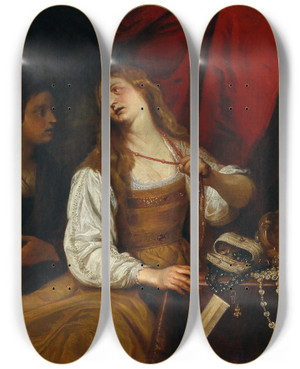 Triptych art skateboard deck of Giovanni Andrea De Ferrari The Conversion Of Mary Magdalene by Giovanni Andrea Ferrari (1598-1669)