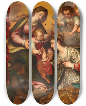 Triptych art skateboard deck of Giovanni Battista Paggi The Mystical Marriage Of Saint Catherine by Giovanni Battista Paggi (1554-1627)