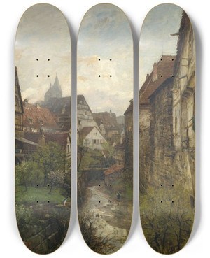 Triptych art skateboard deck of Gustav Schnleber Partie In Der Esslinger Altstadt Am Stadtgraben Mit Den Beiden Trmen Der Stadtkirche Im Hintergrund by Gustav Schonleber (1851-1917)