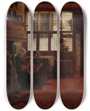 Triptych art skateboard deck of Esaias Boursse Interior With Woman At The Spinning Wheel by Esaias Boursse (1631-1672)