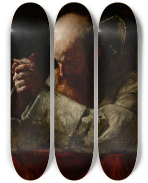 Triptych art skateboard deck of William J Forsyth Praying Monk by William J Forsyth (1854-1935)