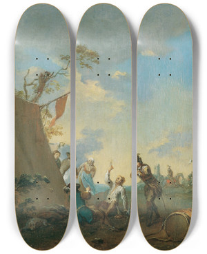 Triptych art skateboard deck of Norbert Joseph Carl Grund Soldaten Im Zeltlager by Norbert Joseph Carl Grund (1717-1767)