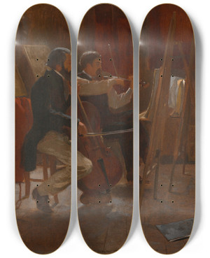 Triptych art skateboard deck of Winslow Homer The Studio by Winslow Homer (1836-1910)