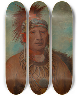 Triptych art skateboard deck of George Catlin Neumonya Walking Rain War Chief by George Catlin (1796-1872)
