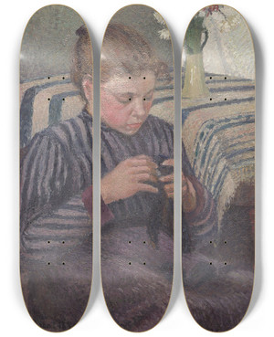 Triptych art skateboard deck of Camille Pissarro Woman Mending by Camille Pissarro (1830-1903)