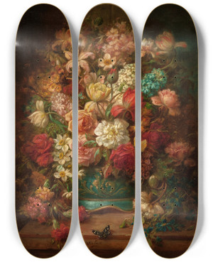 Triptych art skateboard deck of Hans Zatzka Still Life With Flowers And Butterflies by Hans Zatzka (1859-1945)