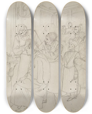 Triptych art skateboard deck of Alphonse Mucha Study For Premier Shampooing Dabsalon by Alphonse Mucha (1860-1939)