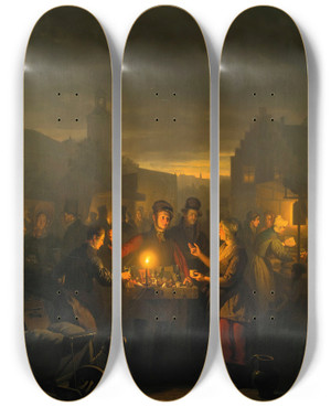 Triptych art skateboard deck of Petrus Van Schendel The Noordermarkt By Night Amsterdam by Petrus Van Schendel (1806-1870)