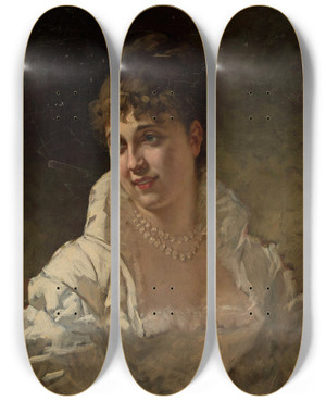 Triptych art skateboard deck of Stefan Bakaowicz Portrait Of A Woman In A White Dress With Pearls by Stefan Bakalowicz (1857-1947)