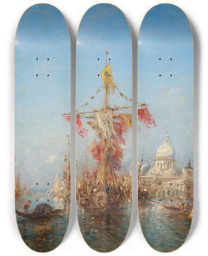 Triptych art skateboard deck of Flix Ziem Fte De Lassomption Devant La Douane Venise by Felix Ziem (1821-1911)