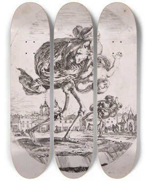 Triptych art skateboard deck of Stefano Della Bella Death Carrying Off An Infant by Stefano Della Bella (1610-1664)