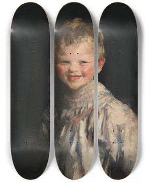 Triptych art skateboard deck of Robert Henri Laughing Child by Robert Henri (1865-1929)