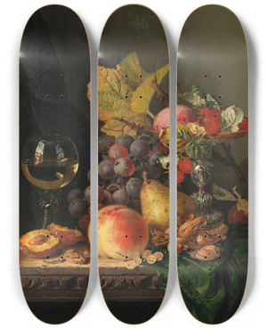 Triptych art skateboard deck of Edward Ladell Still Life With Grapes And A Glass Of Wine by Edward Ladell (1821-1886)