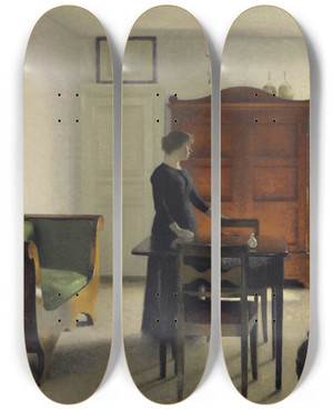 Triptych art skateboard deck of Vilhelm Hammershi Stue by Vilhelm Hammershoi (1864-1916)