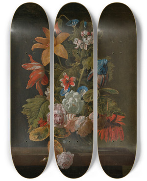 Triptych art skateboard deck of Simon Pietersz Verelst Tulips Roses An Iris And Various Flowers In A Glass Vase On A Stone Ledge by Simon Pietersz. Verelst