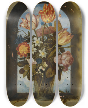 Triptych art skateboard deck of Ambrosius Bosschaert The Elder Still Life Of Tulips Mossroses Lilyofthevalley And Other Flowers In A Glass Beaker Set In An Arched Stone Window Opening by Ambrosius Bosschaert The Elder (1573-1621)