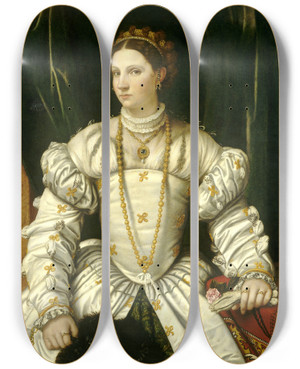 Triptych art skateboard deck of Moretto Da Brescia Portrait Of A Lady In White by Moretto Da Brescia (1498-1554)