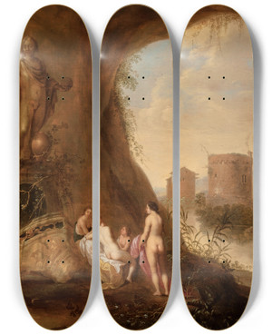 Triptych art skateboard deck of Abraham Van Cuylenborch Nymphs In A Grotto By A Ruined Statue by Abraham Van Cuylenborch (1620-1658)
