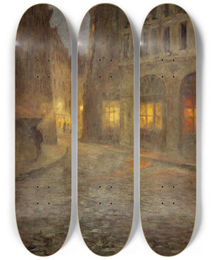 Triptych art skateboard deck of Fernand Maillaud La Rue De La Montagnesaintegenevive by Fernand Maillaud (1862-1948)