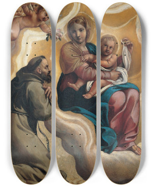 Triptych art skateboard deck of Antonio Carracci Madonna With The Child And Saint Francis by Antonio Carracci (1583-1618)