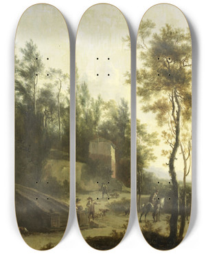 Triptych art skateboard deck of Frederik De Moucheron Italian Landscape With Hunters by Frederik De Moucheron (1633-1686)