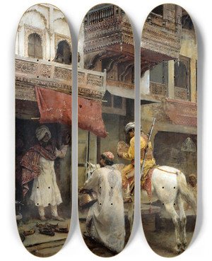 Triptych art skateboard deck of Edwin Lord Weeks Street Scene In India by Edwin Lord Weeks (1849-1903)
