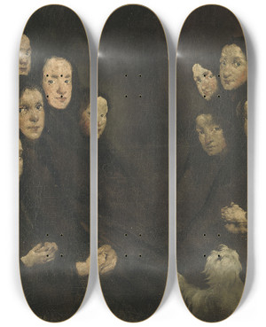 Triptych art skateboard deck of Thodule Ribot The Discussion by Theodule Ribot (1823-1891)