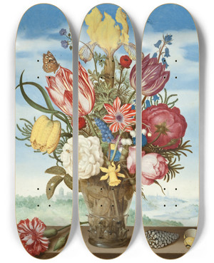Triptych art skateboard deck of Ambrosius Bosschaert The Elder Bouquet Of Flowers On A Ledge by Ambrosius Bosschaert The Elder (1573-1621)