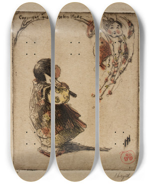 Triptych art skateboard deck of Helen Hyde The Lucky Branch by Helen Hyde (1868-1919)