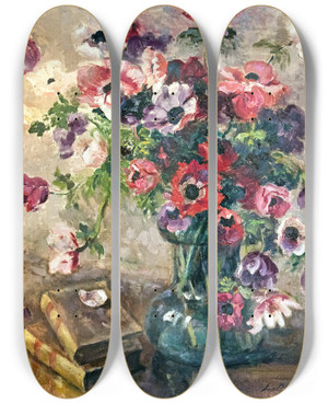 Triptych art skateboard deck of Luce Boyals The Bouquet Of Anemones by Luce Boyals (1892-1946)