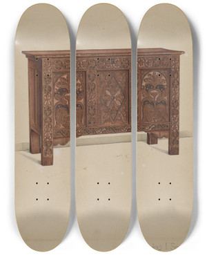 Triptych art skateboard deck of Irving I Smith Chest by Irving I Smith