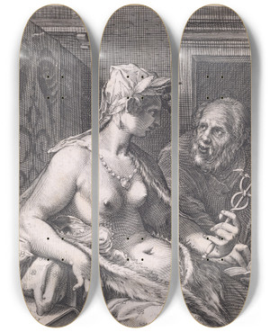 Triptych art skateboard deck of Cornelis Jacobsz Drebbel Poetry by Cornelis Jacobsz Drebbel (1572-1633)