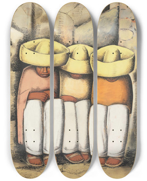 Triptych art skateboard deck of Alfredo Ramos Martnez Indios En Reposo by Alfredo Ramos Martinez (1871-1946)