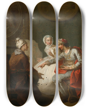 Triptych art skateboard deck of Etienne Jeaurat The Doctors Visit by Etienne Jeaurat (1699-1789)