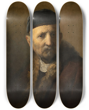 Triptych art skateboard deck of Rembrandt Van Rijn Tronie Of An Old Man by Rembrandt Van Rijn (1606-1669)