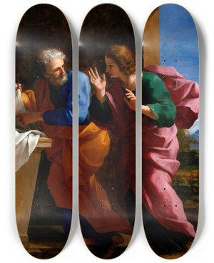 Triptych art skateboard deck of Giovanni Francesco Romanelli St John And St Peter At Christs Tomb by Giovanni Francesco Romanelli (1610-1662)