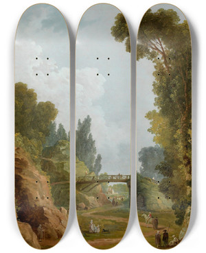 Triptych art skateboard deck of Hubert Robert The Rustic Bridge Chteau De Mrville France by Hubert Robert (1733-1808)