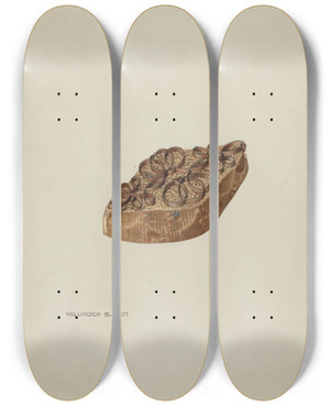 Triptych art skateboard deck of Wellington Blewett Resist Pattern Scroll by Wellington Blewett (20-)