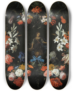 Triptych art skateboard deck of Abraham Mignon Garland Of Flowers by Abraham Mignon (1640-1679)