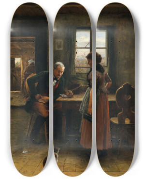 Triptych art skateboard deck of Vclav Brok Der Letzte Groschen by Vaclav Brozik (1851-1901)