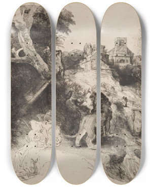 Triptych art skateboard deck of Rembrandt Van Rijn St Jerome In An Italian Landscape by Rembrandt Van Rijn (1606-1669)