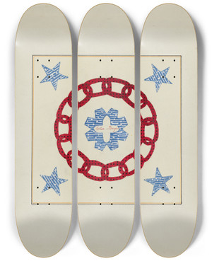 Triptych art skateboard deck of Cornelius Christoffels And Margaret Linsley Pieced Autograph Quilt 1 Square_1 by Cornelius Christoffels And Margaret Linsley