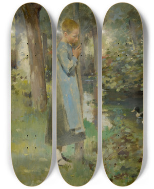 Triptych art skateboard deck of Theodore Robinson By The River by Theodore Robinson (1852-1896)