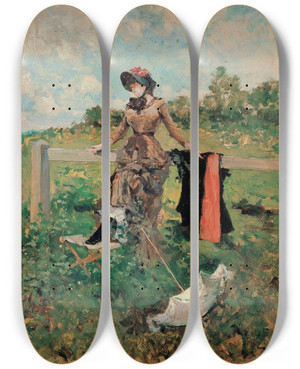 Triptych art skateboard deck of Francesc Miralles I Galaup Lady With A Parasol by Francesc Miralles I Galaup (1848-1901)